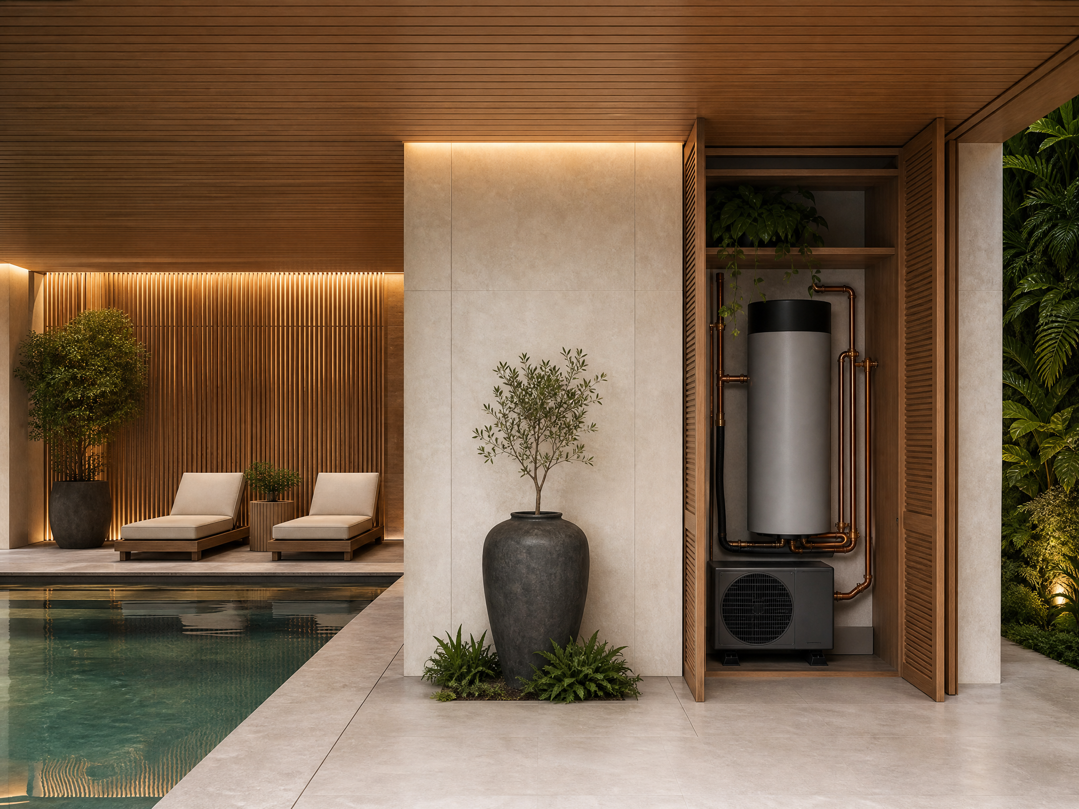 Aquecimento de água, piscina e SPA em projeto sofisticado